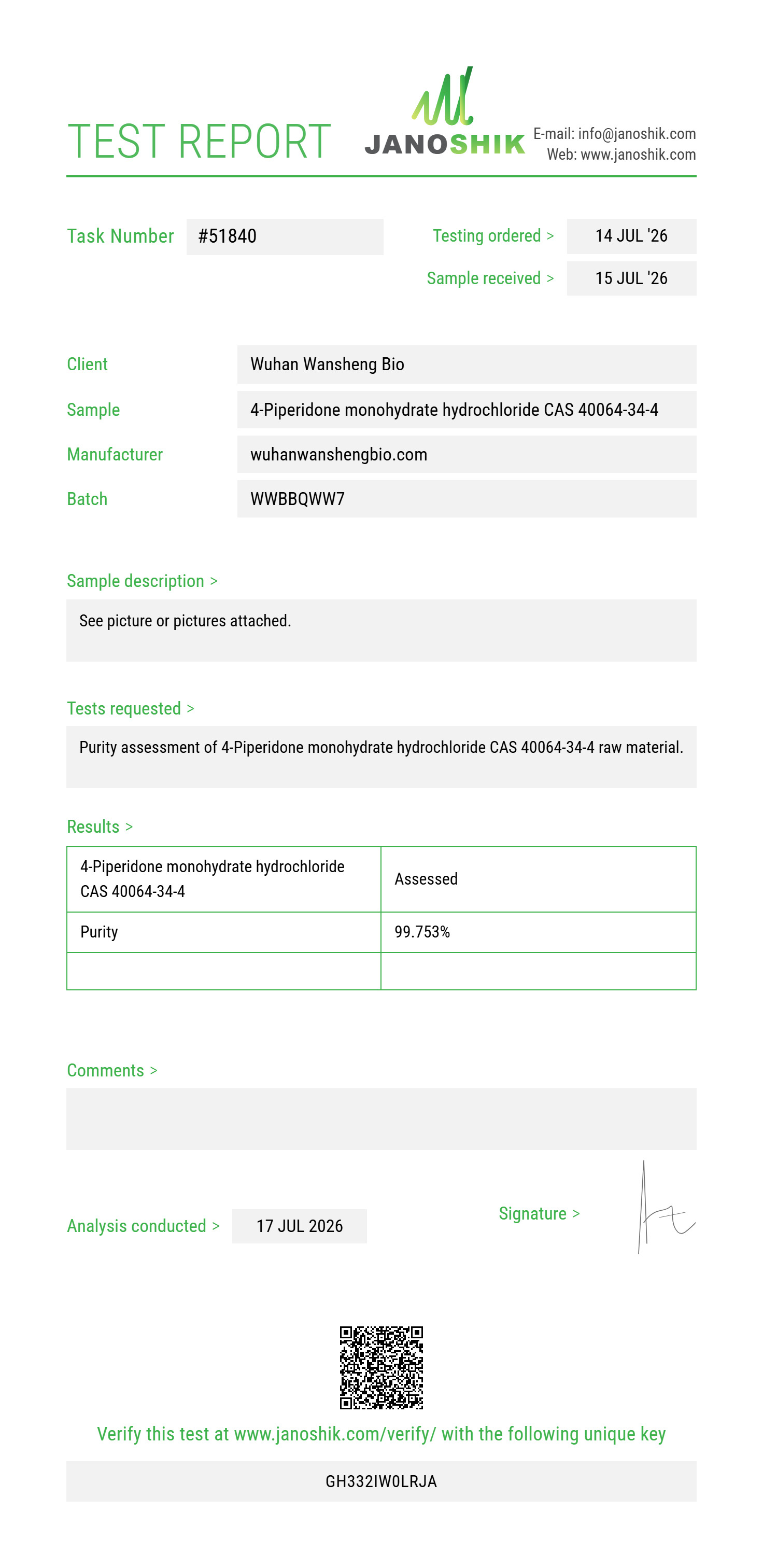 4-Piperidone monohydrate hydrochloride CAS 40064-34-4 Purity (HPLC) report by Janoshik Analytical
