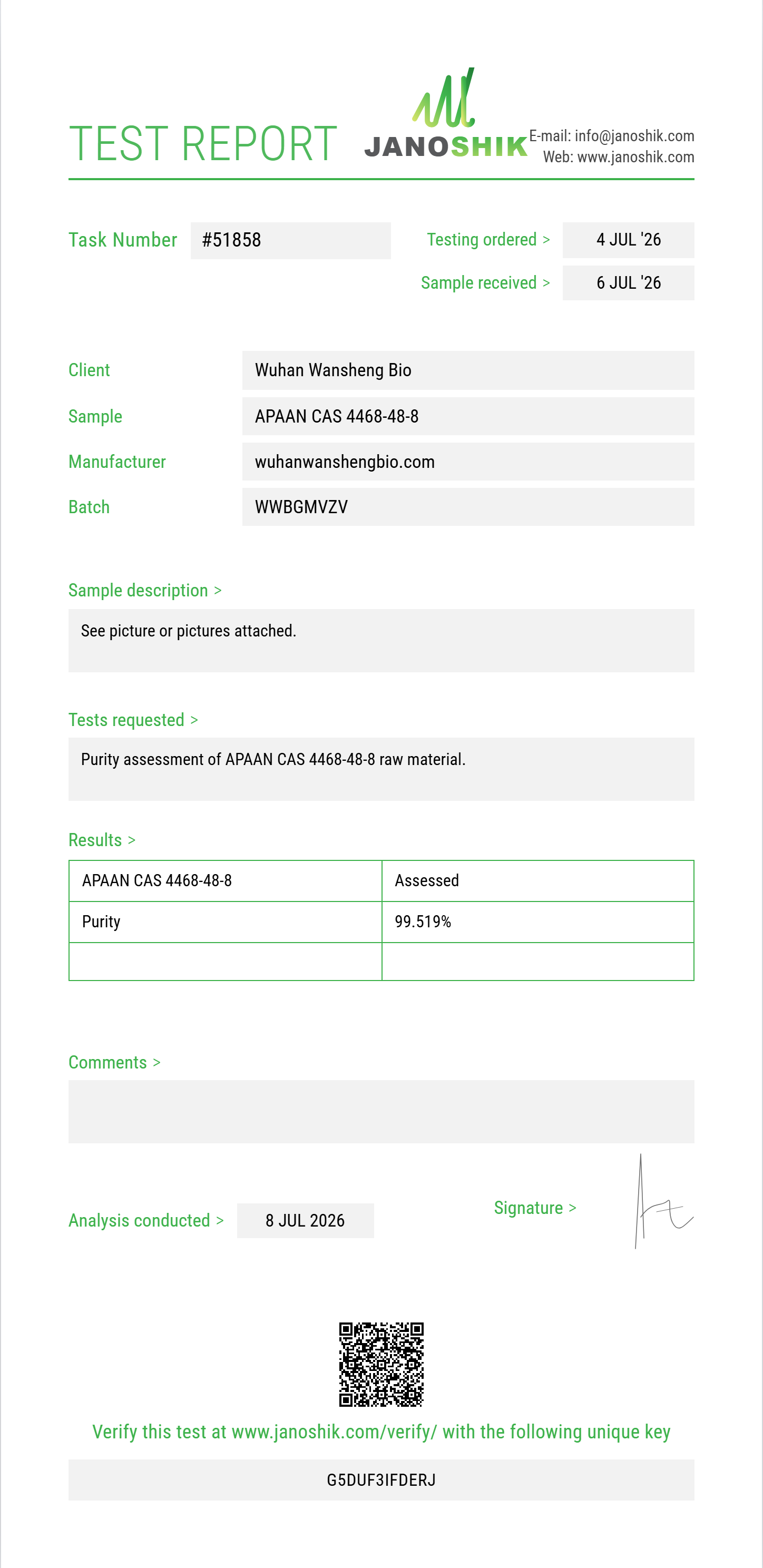 APAAN (alpha-phenylacetoacetonitrile) CAS 4468-48-8 Purity (HPLC) report by Janoshik Analytical
