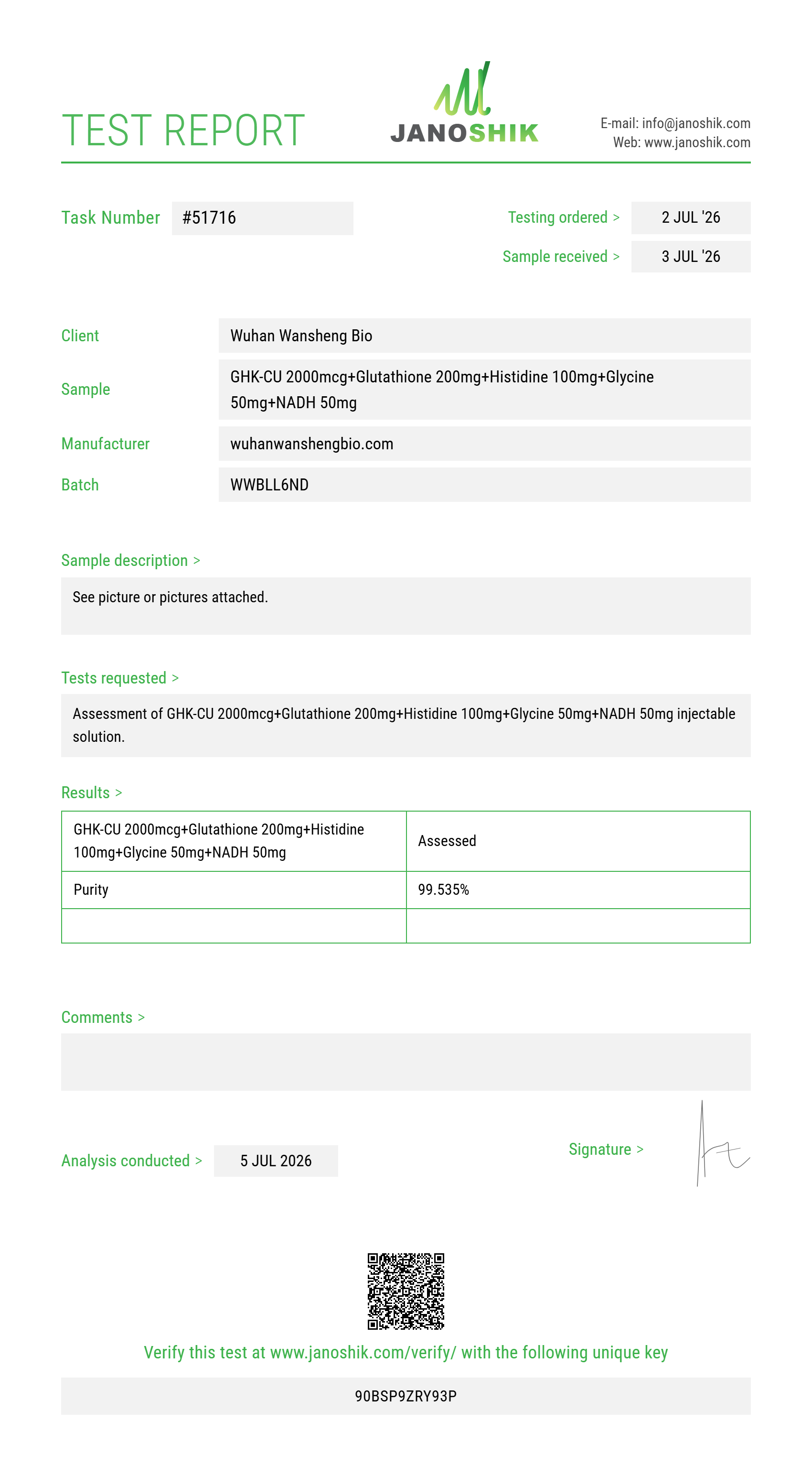 GHK-CU 2000mcg+Glutathione 200mg+Histidine 100mg+Glycine 50mg+NADH 50mg Purity (HPLC) report by Janoshik Analytical