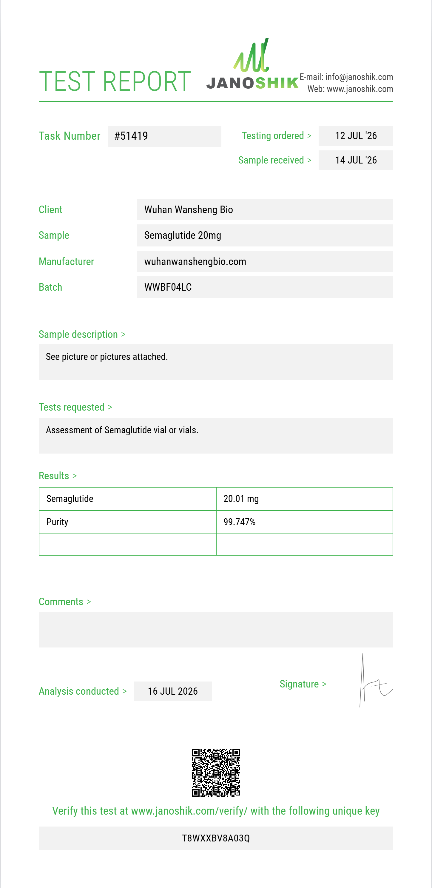 Semaglutide Purity (HPLC) report by Janoshik Analytical
