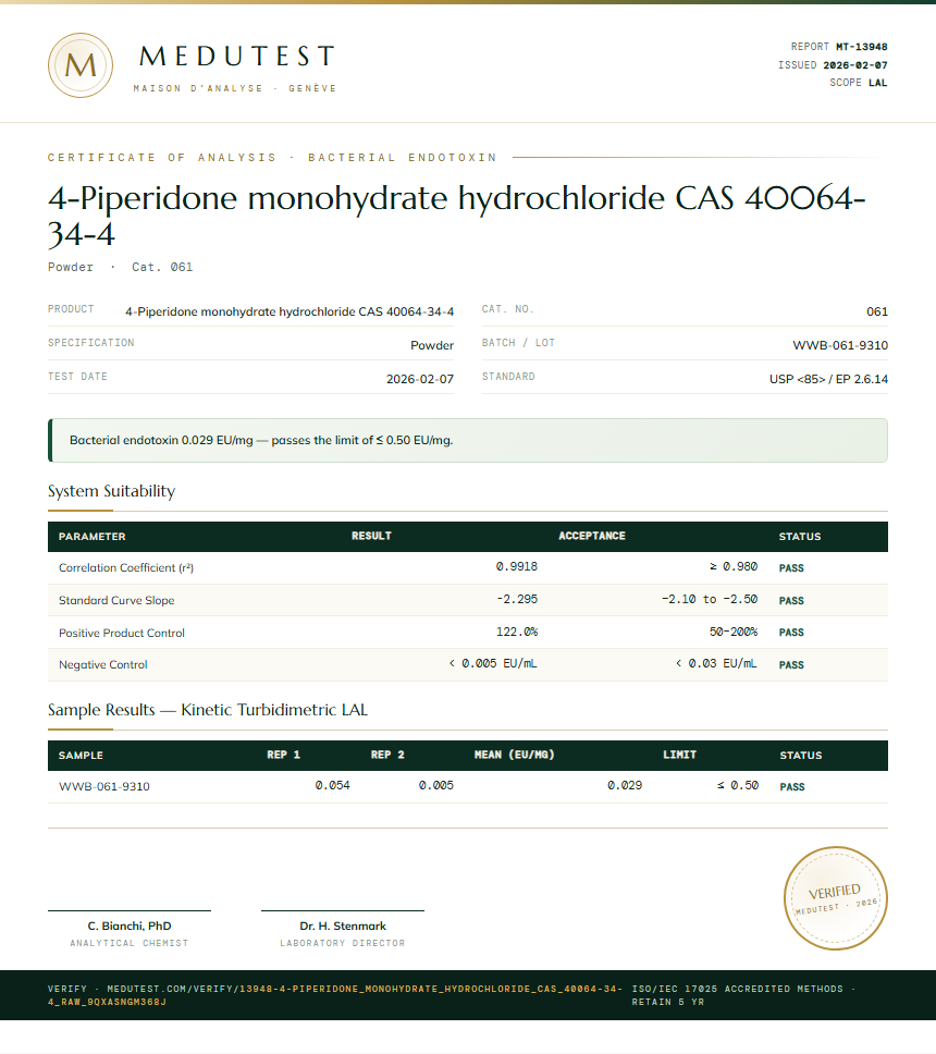 4-Piperidone monohydrate hydrochloride CAS 40064-34-4 Endotoxin report by Medutest