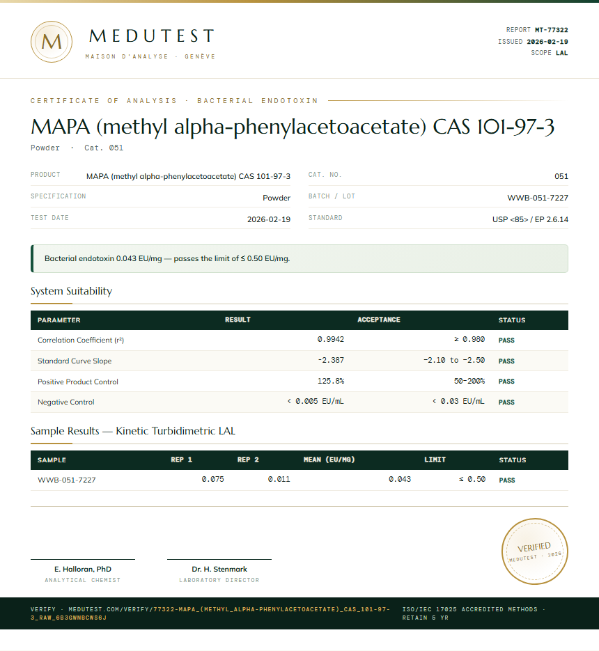 MAPA (methyl alpha-phenylacetoacetate) CAS 101-97-3 Endotoxin report by Medutest