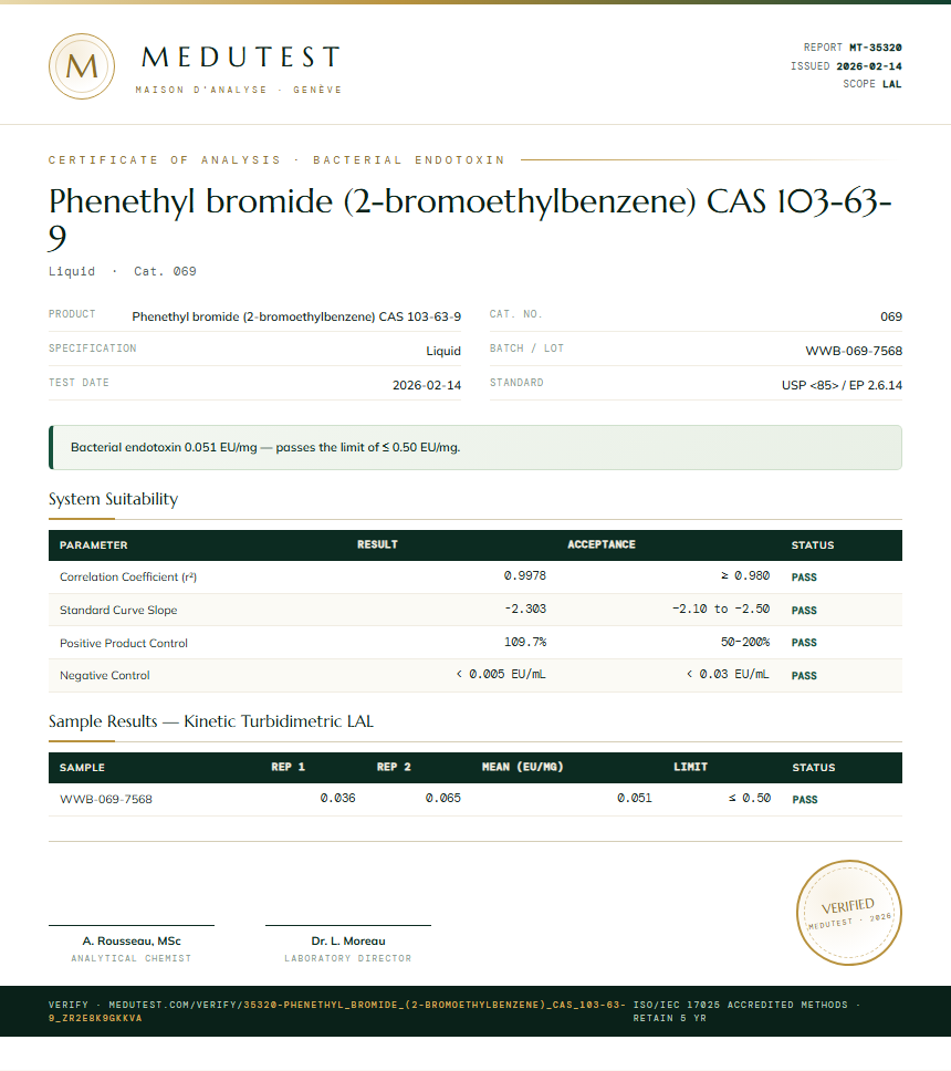 Phenethyl bromide (2-bromoethylbenzene) CAS 103-63-9 Endotoxin report by Medutest