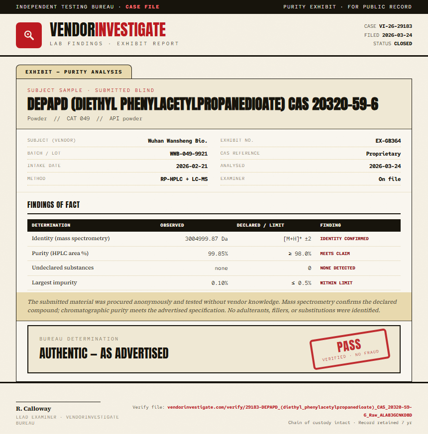 DEPAPD (diethyl phenylacetylpropanedioate) CAS 20320-59-6 Purity (HPLC) report by VendorInvestigate