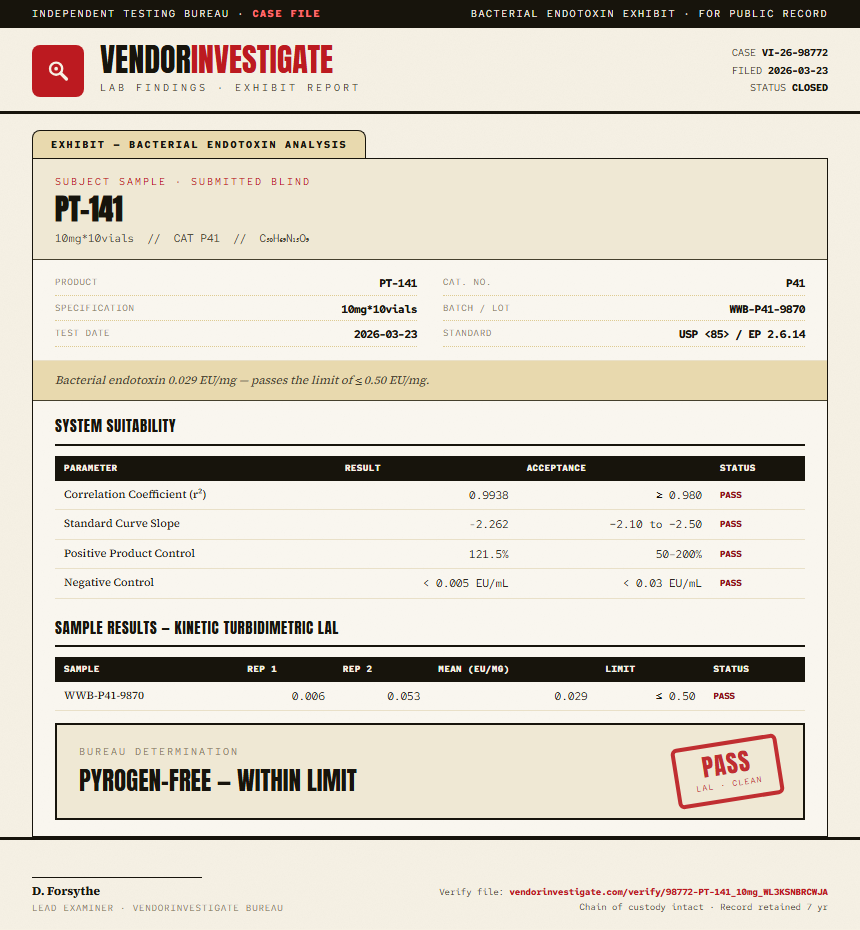 PT-141 Endotoxin report by VendorInvestigate